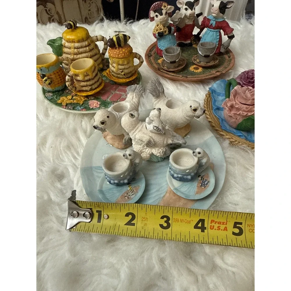 Vintage Whimsical Miniature Resin Tea Set Lot 6 Themes Bee Floral Dog Seal Cow